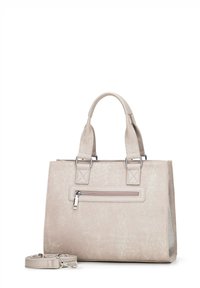 Beżowa syntetyczna torebka na ramię z podwójnymi uchwytami górnymi, srebrnymi akcentami hardware, zamykaną na zamek kieszenią z przodu oraz odpinanym paskiem na ramię. Prostokątny kształt.