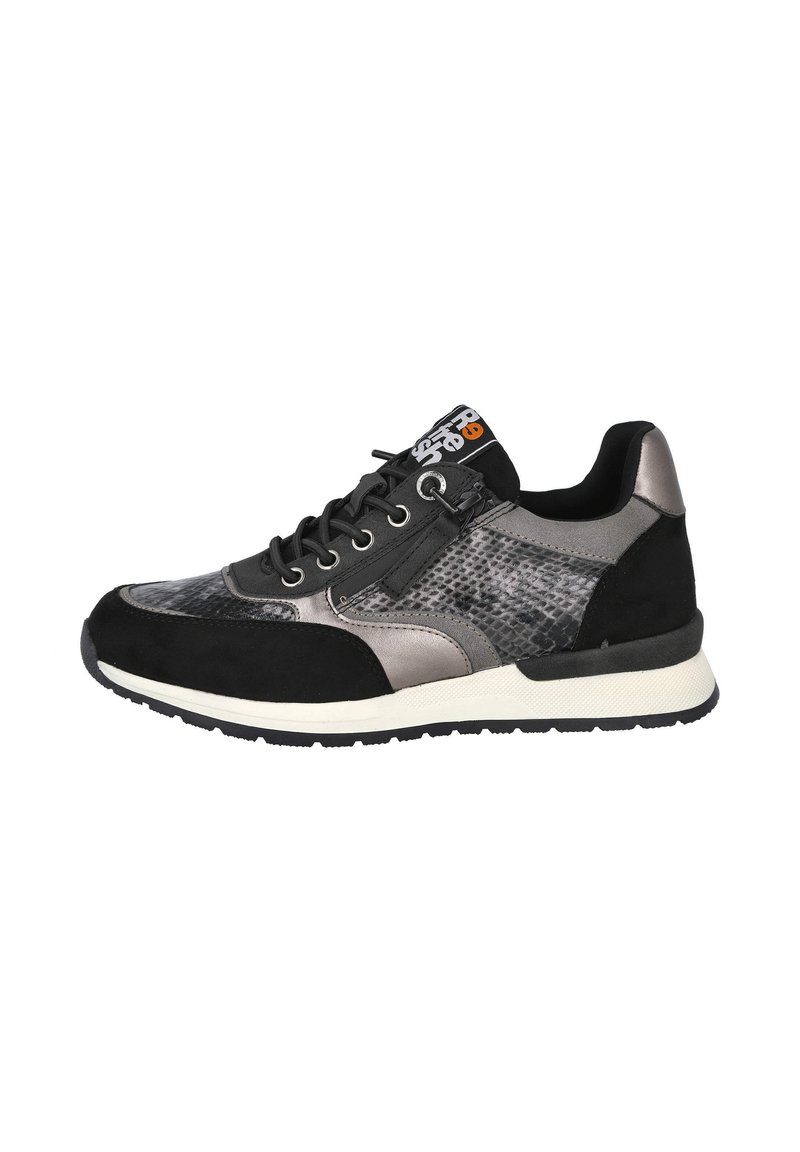 Zapatillas negras y plateadas con un upper texturizado, materiales de ante y sintéticos, un cierre de cordones en la parte frontal y una suela de goma blanca.