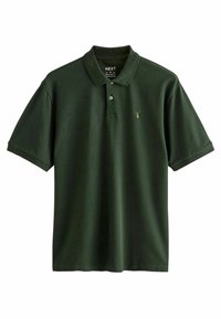 Ciemnozielona koszulka polo wykonana z bawełny, z klasycznym kołnierzykiem, krótkimi rękawami i małym haftowanym logo na piersi.