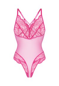 Roze body met kanten details, een doorzichtig mesh lichaam, een rugontwerp met bandjes en gebogen kanten randen langs de dijen.