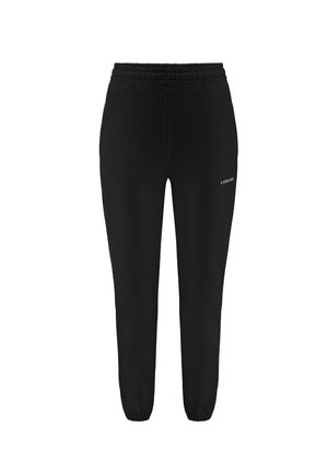 Čierne bežecké nohavice s elastickým pásom, zúženými nohavicami a subtilným logom na boku, vyrobené z hladkej, elastickej textílie.