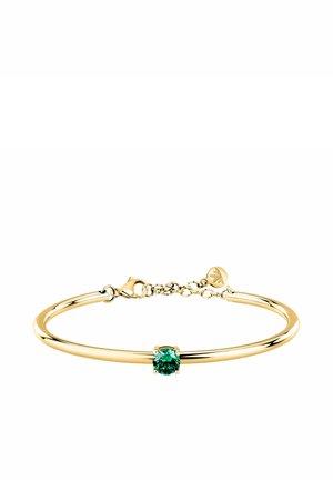 Braccialetto rigido in tono oro con forma circolare liscia e pietra centrale tonda verde. Dotato di chiusura e estensione a catena.