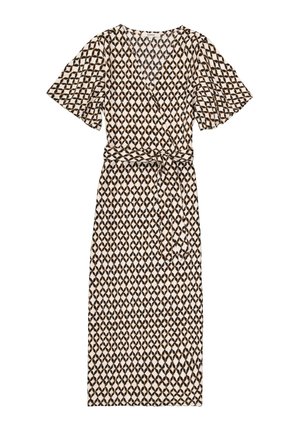 Wikkeljurk in beige en bruin met een geometrisch ruitpatroon. Beschikt over korte, zwierige mouwen en een bijpassende strikriem in de taille.