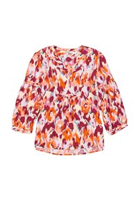 Blusa de colores múltiples con un patrón floral en tonos de rosa, naranja y amarillo; mangas 3/4 abullonadas y un escote en forma de V.