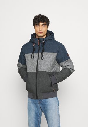 Men's hooded jacket in shades of blue and gray. Features a zip front, drawstrings, and textured fabric with color-blocked design.