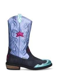 Stivale da cowboy in ecopelle blu e nera con accenti a stella rosa, dotato di un'asta decorativa, superficie testurizzata e tacco in legno.