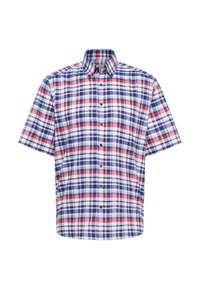 Maglietta a maniche corte con un motivo a quadri nei toni del rosso, blu e bianco. Realizzata in tessuto leggero, con colletto a bottoni e taschino sul petto.