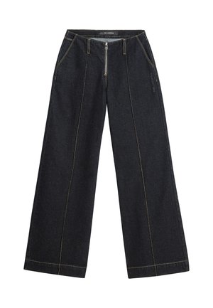 Donkere denim wijde broek met gele contrasterende stiksel en een ritssluiting aan de voorkant. Twee zijzakken en een licht gestructureerde pasvorm.