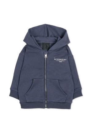 Felpa con cappuccio blu navy con zip, tasche frontali, polsini e orlo a coste e scritta del logo Givenchy bianca sul petto sinistro.