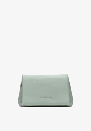 Muntgroene leren pouch met een gestructureerd oppervlak, voorzien van een driehoekige vorm en het in goud ingebracht merk "HISPANITAS".