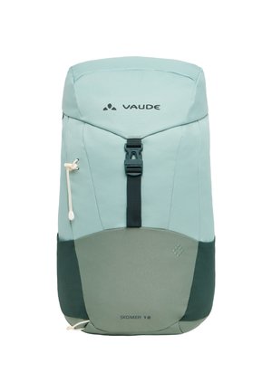 Helleblaue Rucksack aus strukturiertem Material mit dunkelgrünen Akzenten, verstellbaren Trägern und einem oberen Kordelzugverschluss. Modell SKOMER 18.