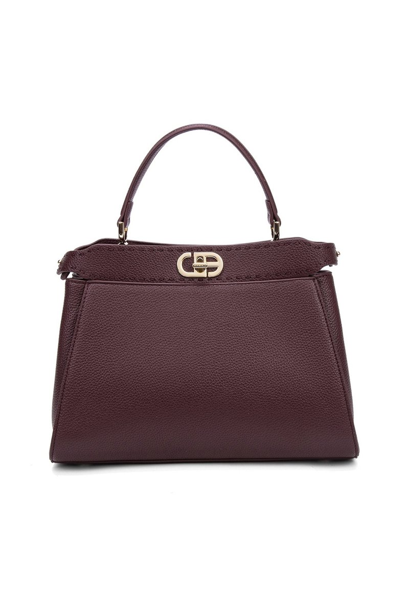 Borsa in pelle bordeaux scuro con forma strutturata, manico corto e hardware color oro. Presenta una chiusura a scatto e una superficie testurizzata.
