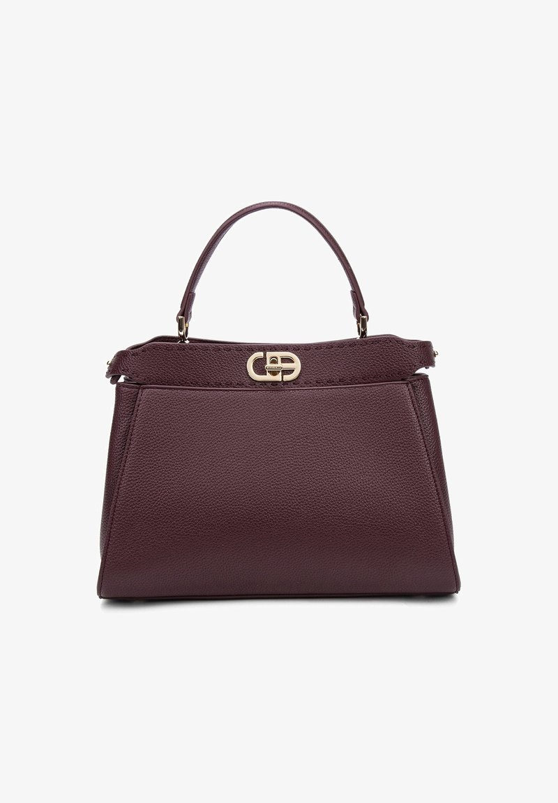 Donker bordeauxleren handtas met een gestructureerde vorm, korte handgreep en hardware in goudkleur. Beschikt over een sluiting met een haak en een textuur oppervlak.