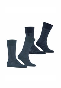 Drei Paar dunkelblaue Socken mit unterschiedlichen Mustern: gerippte Bündchen, Rautenmuster und einfarbige Varianten. Hergestellt aus weichem Stoff, entworfen für Komfort.