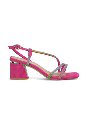 Sandalia de ante rosa con tacón ancho, que presenta tiras de strass multicolores y un cierre de hebilla. Diseño de plataforma baja y punta abierta.