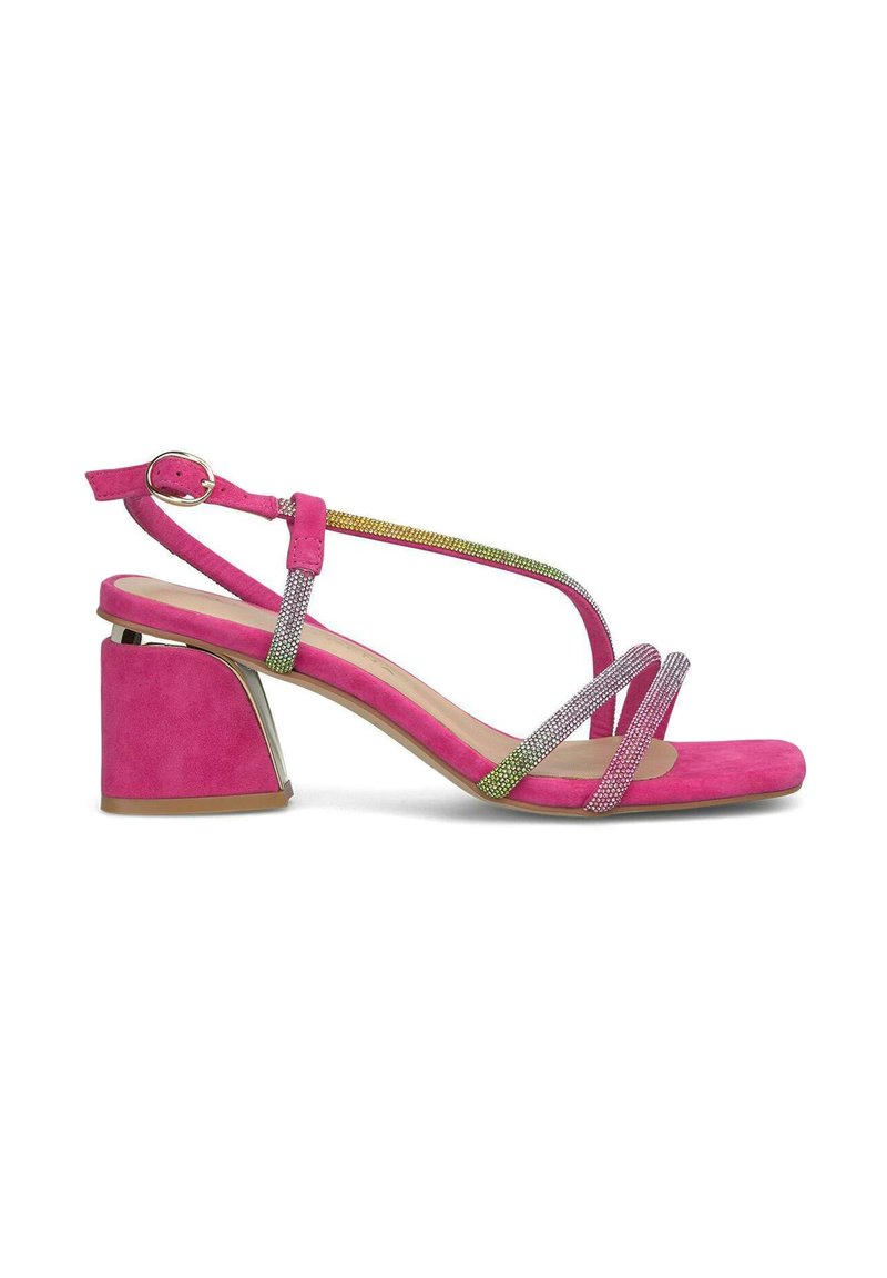 Sandalia de ante rosa con tacón ancho, que presenta tiras de strass multicolores y un cierre de hebilla. Diseño de plataforma baja y punta abierta.