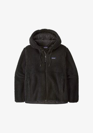 Felpa nera in pile con chiusura a zip, tessuto testurizzato, tasche a marsupio e cappuccio regolabile con cordoncino. Fodera interna liscia.