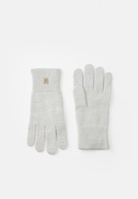 Grey knit gloves with a ribbed cuff, featuring a small gold emblem on the wrist area. Made of soft material, designed for warmth.