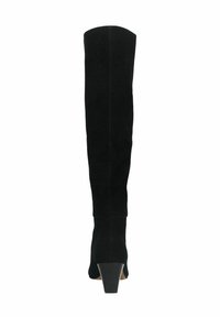 Bottes en suède noir, au-dessus du genou, avec un bout pointu et une surface texturée, présentant un talon conique et une tige supérieure lisse.