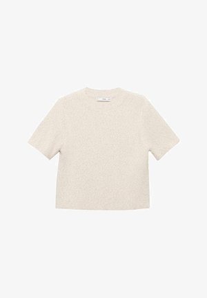 Kratka majica kremaste barve s kratkimi rokavi, izdelana iz mehkega, strukturiranega materiala. Ima širok kroj, okrogel izrez in minimalne detajle.