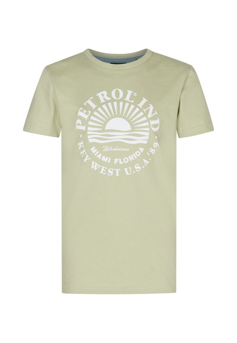 Lichtgroene katoenen t-shirt met korte mouwen, ronde hals en witte grafische print met een zon en tekst: "PETROL IND MIAMI FLORIDA '89."