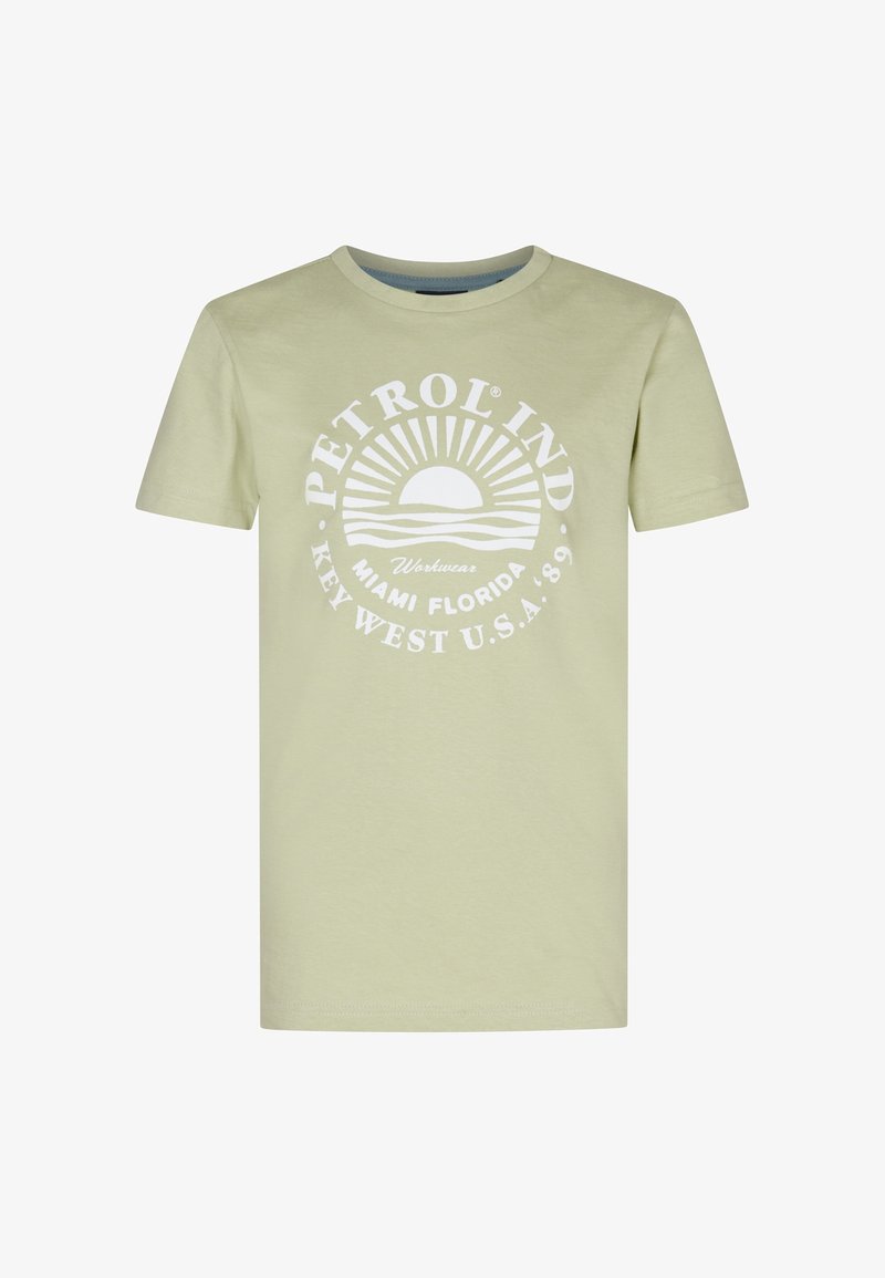 Lichtgroene katoenen t-shirt met korte mouwen, ronde hals en witte grafische print met een zon en tekst: "PETROL IND MIAMI FLORIDA '89."