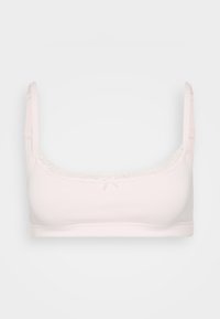 Svijetloružičasti bralette napravljen od glatkog materijala s čipkastim obrubom duž dekoltea i malim mašnom u sredini. Podesive naramenice.