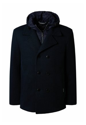 Navy peacoat with a quilted hood, double-breasted design, textured fabric, and black buttons. Features side pockets and a zip closure.
