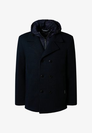 Marineblauer Kurzchnitt mit gesteppter Kapuze, doppelt geknöpftem Design, strukturiertem Stoff und schwarzen Knöpfen. Verfügt über Seitentaschen und einen Reißverschluss.