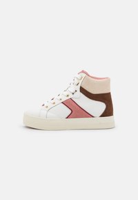 High-top sneaker featuring white leather, pink suede, and brown accents, with gold hardware and a textured rubber sole.