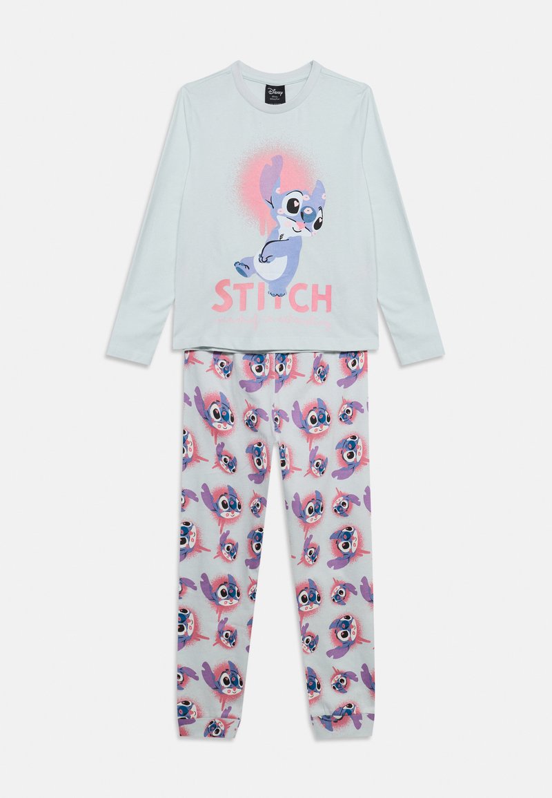 Pyjama enfant bleu clair avec Stitch de Disney, avec un grand motif sur le haut et des petits visages de Stitch sur l'ensemble du pantalon.