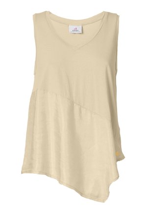 Béžový bezrukávový top s výstřihem do V, vybavený asymetrickým lemem a hladkým, lehkým materiálem. Štítek umístěný na výstřihu.