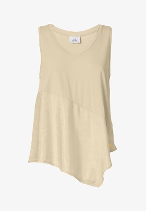 Top bej fără mâneci, cu decolteu în V, având un tiv asimetric și un material fin, ușor. Eticheta este afișată la gât.