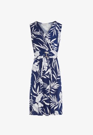 Mouwloze midi-jurk in marineblauw met witte tropische bladprint, V-hals, geplooide taille en gouden gesp riem.