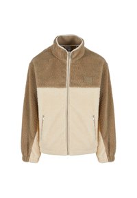 Jachetă din fleece cu guler înalt, având un design în blocuri de culoare bej și crem, cu închidere cu fermoar și două buzunare laterale cu fermoar.
