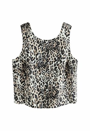 Mouwloos cropped top met brede bandjes met een beige, zwarte en witte luipaardprint op gladde stof.