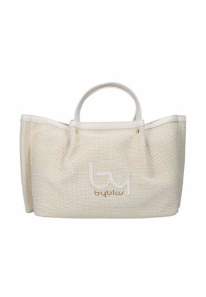 Borsa tote intrecciata beige con manici e rifiniture bianchi, con logo "by" in rilievo e scritta "byblos" marrone al centro davanti.