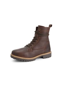 Bruine leren enkellaars met ronde neus, vetersluiting aan de voorkant, gevoerde enkelkraag en een gestructureerd oppervlak. Rubberen zool met profiel voor grip.