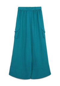 Türkise weit geschnittene Hose aus leichtem Stoff. Mit einem Gürtel in der Taille, zwei Seitentaschen und einem Saum mit einem dezenten Faltenwurf.
