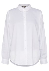 Weiße Langarm-Hemdbluse mit Kragen, aus leichtem Stoff, mit leicht abgerundetem Saum und standardmäßigen Knopfverschlüssen.