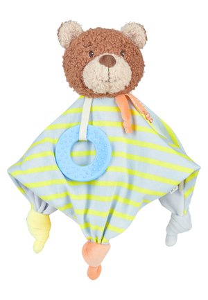 Brown teddy bear head attached to a blue and yellow striped baby comforter with a blue teething ring and knotted corners.
