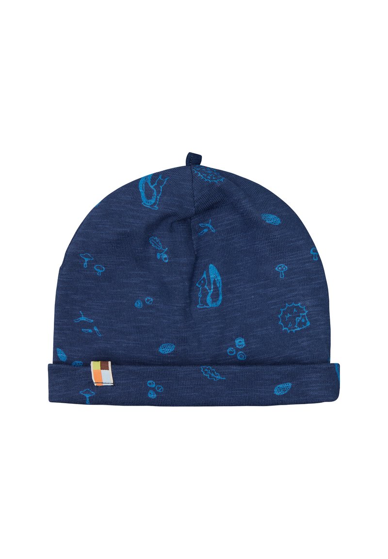 Berretto blu lavorato a maglia con risvolto, caratterizzato da vari motivi legati agli animali e alla natura in azzurro chiaro. Include un piccolo etichetta multicolore sul lato.