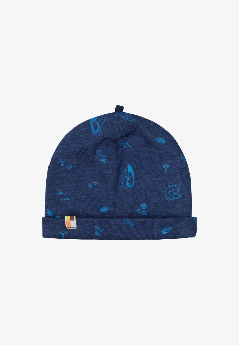 Berretto blu lavorato a maglia con risvolto, caratterizzato da vari motivi legati agli animali e alla natura in azzurro chiaro. Include un piccolo etichetta multicolore sul lato.