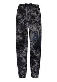 Kukkaismalliset housut mustassa, harmaassa ja sinisessä sävyssä. Niissä on joustava vyötärönauha kuminauhalla ja kiristysnauhalla sekä kapeat lahkeet. Kangas on sileää.