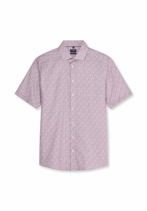 Kurzärmeliges Hemd mit Knopfleiste und Haifischkragen, in hellrosa mit kleinem dunklem Paisley-Muster.