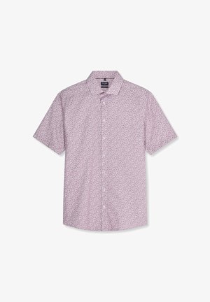 Kurzärmeliges Hemd mit Knopfleiste und Haifischkragen, in hellrosa mit kleinem dunklem Paisley-Muster.