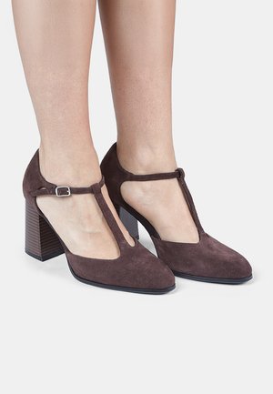 Brown suede high-heeled shoes with T-strap, square toe, and chunky textured heel. Features a small metal buckle for adjustment.