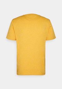 Camiseta de algodón amarilla con mangas cortas, cuello redondo y diseño de color sólido. Sin logotipos ni patrones visibles. Vista trasera lisa.