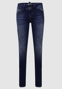 Jean denim bleu foncé à coupe slim, avec cinq poches et un subtil effet usé. Texture lisse et légère décoloration sur les jambes.