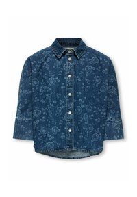 Denim srajca v temno modri barvi s cvetličnim vzorcem, s širokim ovratnikom, gumbnim zapiranjem in rokavi dolžine tričetrt.